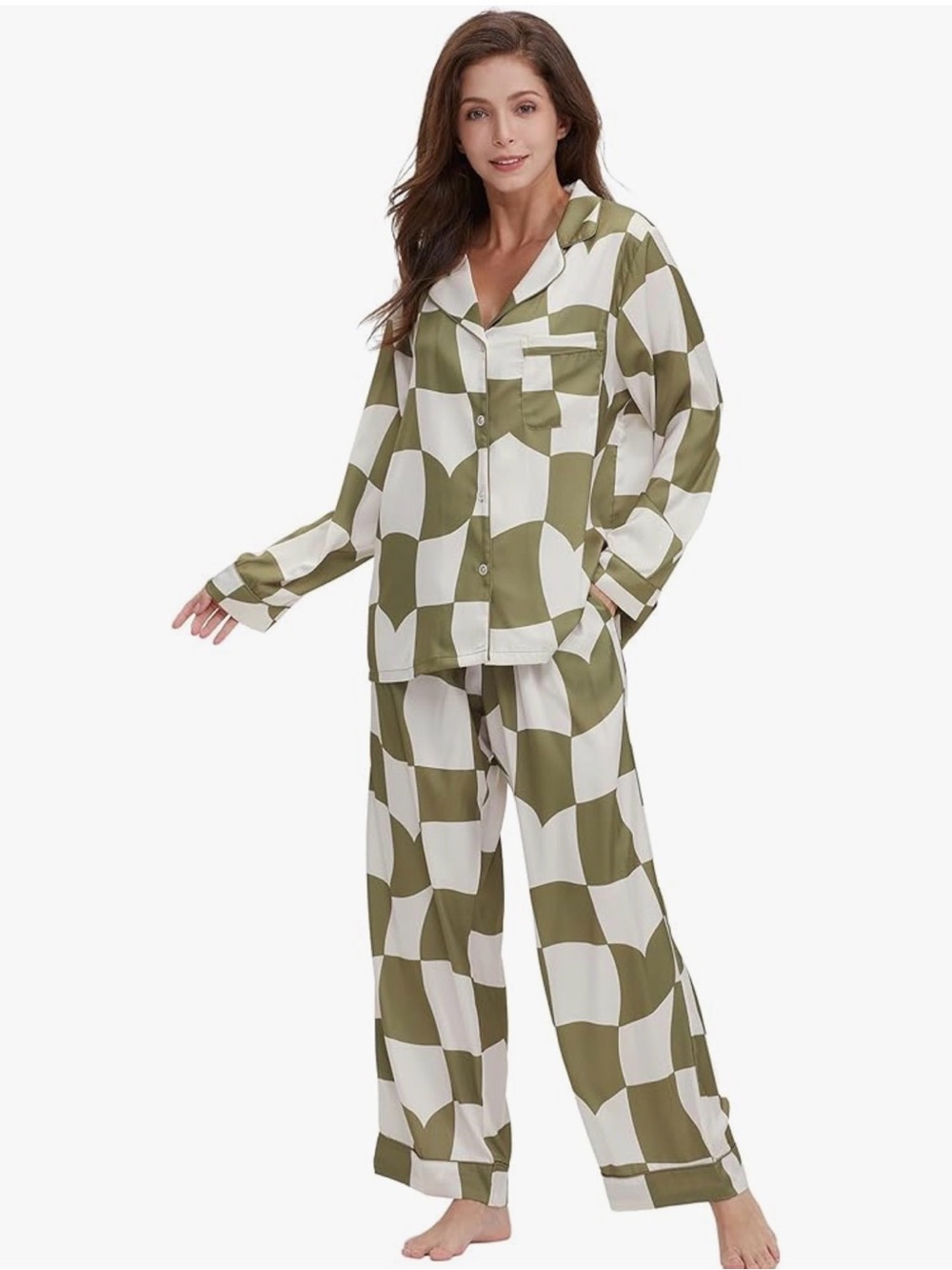 Green White Checkered Satin 2 Piece Pajama Set Size Large NWOT